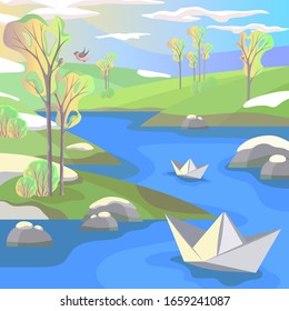Spring landscape with thaw, trees, meadows, river, paper boats, singing birds, blue sky and clouds, vector illustration in flat simple style, background for banner, postcard, poster and advertising