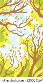 Spring landscape. Tree crowns with young foliage, blue sky, white clouds. Vector illustration for stories, posters, postcards, banners, design elements, printing on fabric