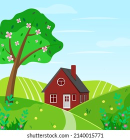 Spring landscape with tree, flowers, house. Seasonal countryside landscape. Vector illustration in flat style