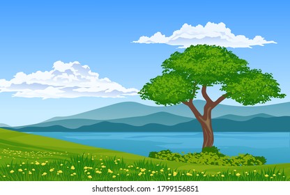 Spring landscape with a tree at lake and mountain