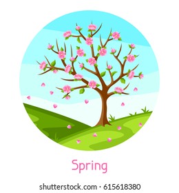 Spring landscape with tree and sakura flowers. Seasonal illustration.