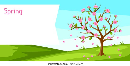 Spring landscape with tree and sakura flowers. Seasonal illustration.