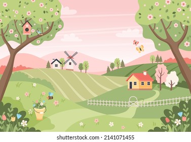 Spring landscape with trees, fields, houses and windmill. Easter background, countryside landscape. Vector illustration in flat style