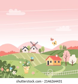 Spring landscape with trees, fields, houses and windmill. Easter background, countryside landscape. Vector illustration in flat style