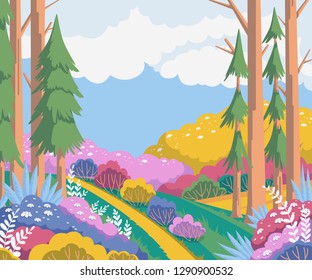 Spring landscape with trees, fir trees, plants, bushes, flowers. Beautiful scenery background. Colorful vector illustration