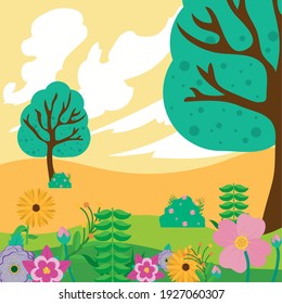 Spring landscape with trees and flowers design, Season natural floral ornament garden and decoration theme Vector illustration
