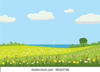 Spring landscape, trees, flowers, sea, sailboat, banner, vector illustration