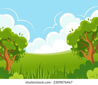 Paisaje primaveral, árboles, praderas, campos en el fondo del cielo y el sol. Ilustración, afiche, vector