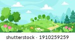 Spring landscape with trees, mountains, fields, leaves. Vector illustration in flat style.