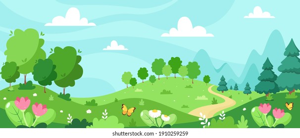 Spring landscape with trees, mountains, fields, leaves. Vector illustration in flat style. - Shutterstock ID 1910259259