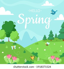 Spring landscape with trees, mountains, fields, flowers. Vector illustration.