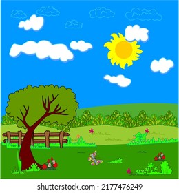 Spring landscape with trees, mountains, fields, flowers. Vector illustration.	
