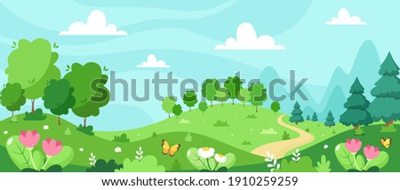 Spring landscape with trees, mountains, fields, leaves. Vector illustration in flat style.