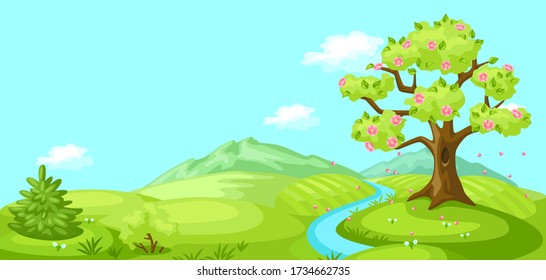 Spring landscape with trees, mountains and hills. Seasonal nature illustration.