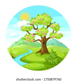 Spring landscape with trees, mountains and hills. Seasonal nature illustration.
