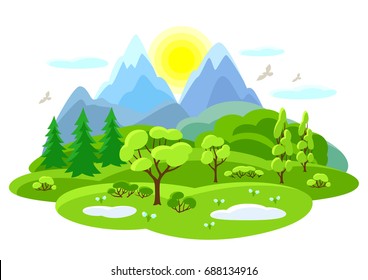 Spring landscape with trees, mountains and hills. Seasonal illustration.