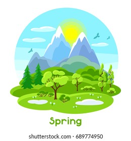 Spring landscape with trees, mountains and hills. Seasonal illustration.