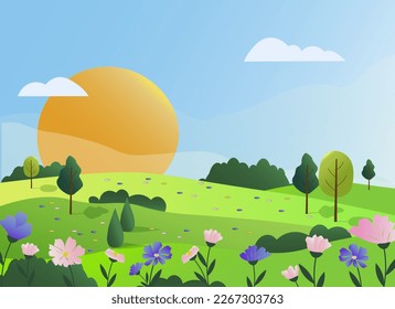 Spring landscape with trees and sun. Flowers and trees. Vector drawing in a flat style with gradients. Illustrations for banners, backgrounds, advertising, web pages and websites, social networks