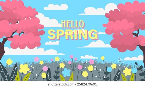 Spring landscape with trees. Vector illustration. Seasonal background