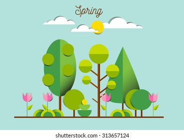 Spring landscape with tulips, trees, grass, sunny weather. Nature. Outdoor, green park, garden, environment.