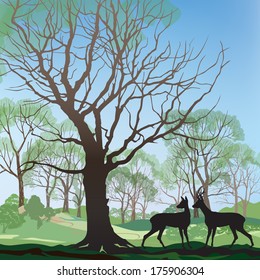 Spring landscape with two deers. Abstract vector illustration of spring forest. Spring nature background. 