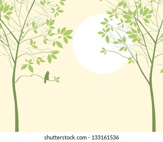 spring landscape with two trees sun and bird