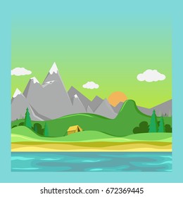 Spring landscape. Vacation in the tent. Camping and hiking. Vector illustration in flat design style.