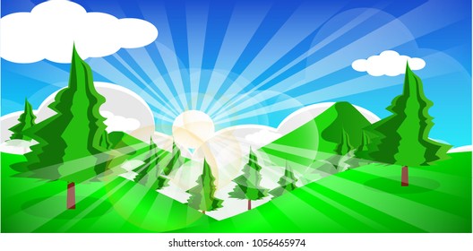 spring landscape vector , green forest and green mountains with sun lighting ray and cloudy blue sky background, springtime in the morning to be fresh concept, vector art and illustration.