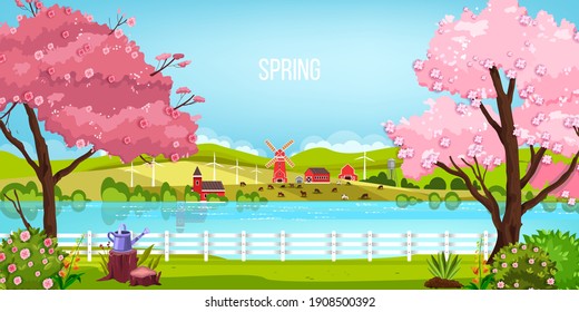 Spring landscape vector green nature background with river, blooming sakura trees, mill, meadow, hills. Summer rural cartoon countryside scene, view, bushes, flowers, farmland. Spring landscape banner