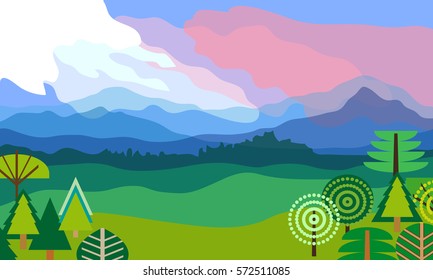 Spring landscape. Vector illustration. Beautiful scenery with mountains, forest and cloudy sky. Sunrise.