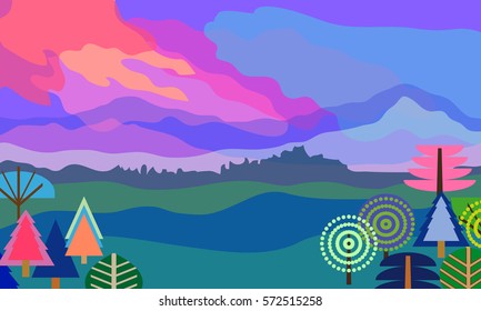 Spring landscape. Vector illustration. Beautiful scenery with mountains, forest and cloudy sky. Sunset.