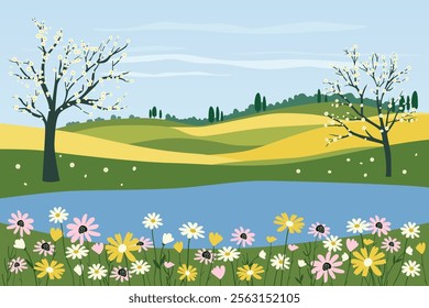 Spring landscape vector illustration. Blooming trees, spring flowers, green fields and meadows, lush hills and a lake. Spring time. Natural landscape.