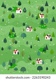 Spring landscape vector illustration. Flat style trees and firs with village cottage houses and mountains. Nature scene poster or card.