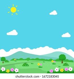 Spring landscape vector illustration with flowers, green field and bright sky suitable for background or illustration 