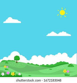 Spring landscape vector illustration with flowers, green field and bright sky suitable for background or illustration 