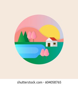 Spring landscape vector illustration in material design style. Little village house, mountains, trees, lake. 