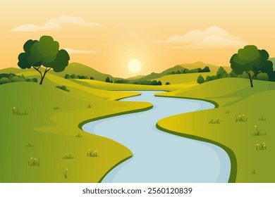 Spring landscape vector illustration of a river flowing along green hills, meadows, trees and fields against the backdrop of the setting sun. Landscape of spring nature.