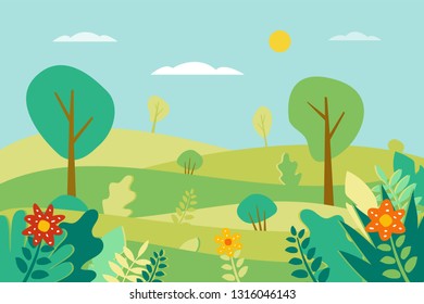 Spring landscape. Vector illustration in trendy flat style.