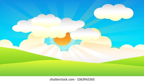 spring landscape vector, season countryside, green grass and mountains with blue sky , cloudy background, sun ray in the morning , feeling to be fresh, nature landscape , vector art and illustration.