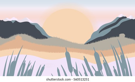 Spring landscape vectror with mountain lake and reed.