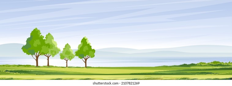 Spring landscape at village by the lake with green fields,mountain, blue sky and clouds, Vector nature cartoon scenery Summertime,Panoramic rural countryside by river with clear sky in morning