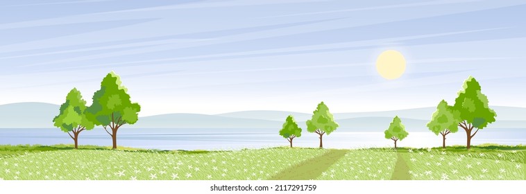 Spring landscape at village by the lake with green fields,mountain, blue sky and clouds, Vector nature cartoon scenery Summertime,Panoramic rural countryside by river with clear sky in morning