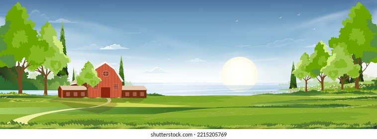 Spring landscape at village by the lake with green fields,mountain, blue sky and clouds, Vector nature cartoon scenery Summertime,Panoramic rural countryside by river with clear sky in morning