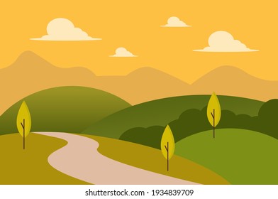 Spring landscape in village with green field and sunset,Vector flat cartoon rural farmland with mountain and forest, pink and blue sky, Natural scene in countryside,Panorama view on sunny day Summer