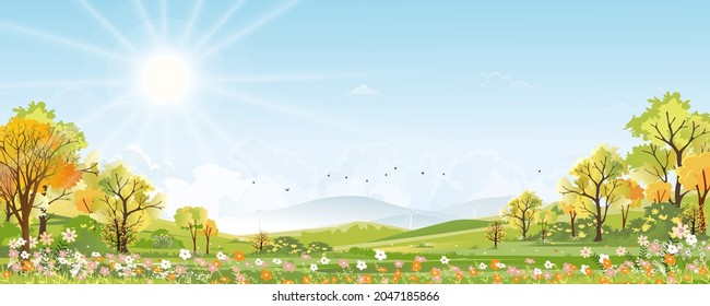 Spring landscape in village with green field and sunset,Vector flat cartoon Summer rural farmland with mountain, forest, blue sky, Natural scene in countryside,Panorama view on sunny day Summer