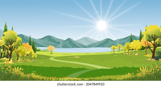 Spring landscape in village with green field and sunset,Vector flat cartoon Summer rural farmland with mountain,river, forest, blue sky, Natural scene in countryside,Panorama view on sunny day Summer