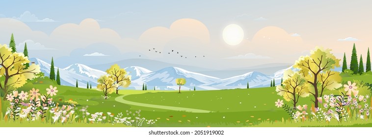 Spring landscape in village with green field and sunset,Vector cartoon Summer rural farmland with mountain,forest tree pink and blue sky in morning,Nature scene in countryside view on sunny day Summer