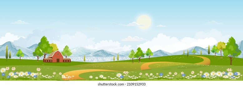 Spring landscape in village with green field and sunset,Vector flat cartoon rural farmland with mountain and forest, pink and blue sky, Natural scene in countryside,Panorama view on sunny day Summer