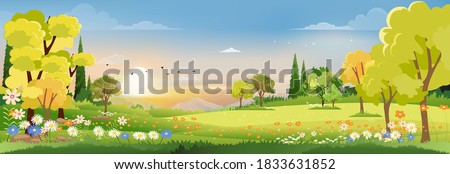 Spring landscape in village with green field and sunset,Vector flat cartoon rural farmland with mountain and forest, pink and blue sky, Natural scene in countryside,Panorama view on sunny day Summer