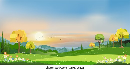 Spring landscape  village with green meadow on hills with blue and orange sky, Vector Summer or Spring nature background, Panoramic countryside by the lake with sunset in evening.